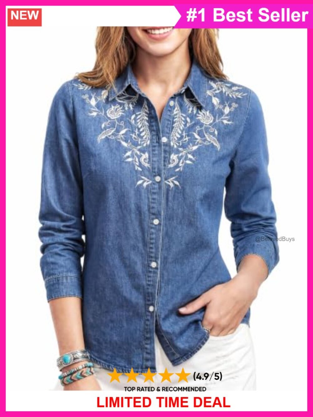 Lyocell Denim Button Down Shirt Floral Embroidered Western Blouse